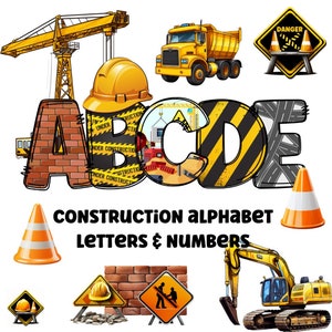 Letras prediseñadas de construcción en formato PNG transparente de 300 ppp. 5 estilos de letras del alfabeto de la A a la Z. Mayúsculas y números.