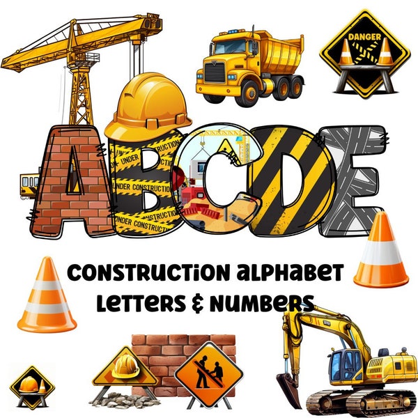 Construction clipart letters 300dpi transparent png. 5 styles of alphabet letters A-Z. Uppercase letters and numbers