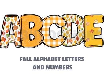 Può includere: Lettere dell'alfabeto autunnale A, B, C, D ed E in stile patchwork con diversi motivi a tema autunnale. Le lettere sono contornate di nero e hanno un aspetto cucito. Il testo "FALL ALPHABET LETTERS AND NUMBERS" è sotto le lettere.