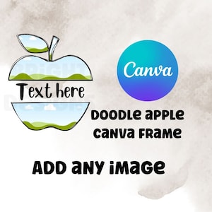以下が含まれることがあります： 「Text here」というテキストが入った緑と青の落書き風のリンゴのフレーム。Canva 用にデザインされており、どんな画像にも使用できます。
