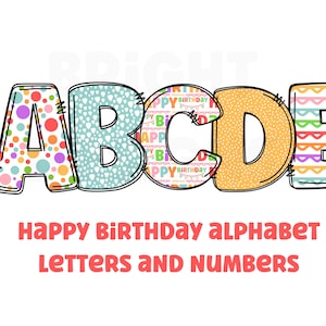 Lettere clipart di buon compleanno png trasparente 300dpi. 5 stili di lettere dell'alfabeto dalla A alla Z. Lettere maiuscole e numeri