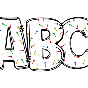 Puede incluir: Contorno en blanco y negro de las letras A, B y C. Las letras est&aacute;n rellenas de un fondo blanco y cubiertas con chinchetas de colores. Las chinchetas son rojas, azules, verdes y doradas.