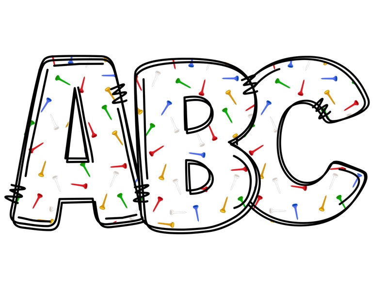 Puede incluir: Contorno en blanco y negro de las letras A, B y C. Las letras est&aacute;n rellenas de un fondo blanco y cubiertas con chinchetas de colores. Las chinchetas son rojas, azules, verdes y doradas.