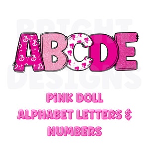 Pink doll alphabet  png clipart letters 300dpi transparent png. 5 styles of alphabet letters A-Z. Uppercase letters.