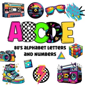 80's alphabet png clipart letters 300dpi transparent png. 5 stylów liter alfabetu A-Z. Wielkie litery i cyfry