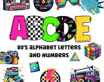 80's alphabet png clipart letters 300dpi transparent png. 5 styles of alphabet letters A-Z. Uppercase letters and numbers
