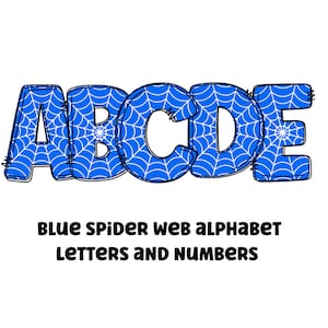Spinnenweb blauwe clipart letters 300dpi transparante png. 1 set alfabetletters A-Z. Hoofdletters en cijfers