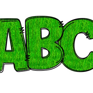 Puede incluir: ABC en letras verdes de hierba con contornos negros y costuras.