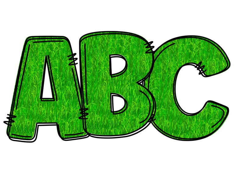 Puede incluir: ABC en letras verdes de hierba con contornos negros y costuras.