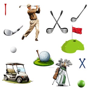 Puede incluir: Un golfista balancea un palo, un carrito de golf, una bolsa de golf con palos, una pelota de golf verde, una pelota de golf blanca en un tee, un campo de golf verde, una bandera roja y dos palos de golf cruzados.