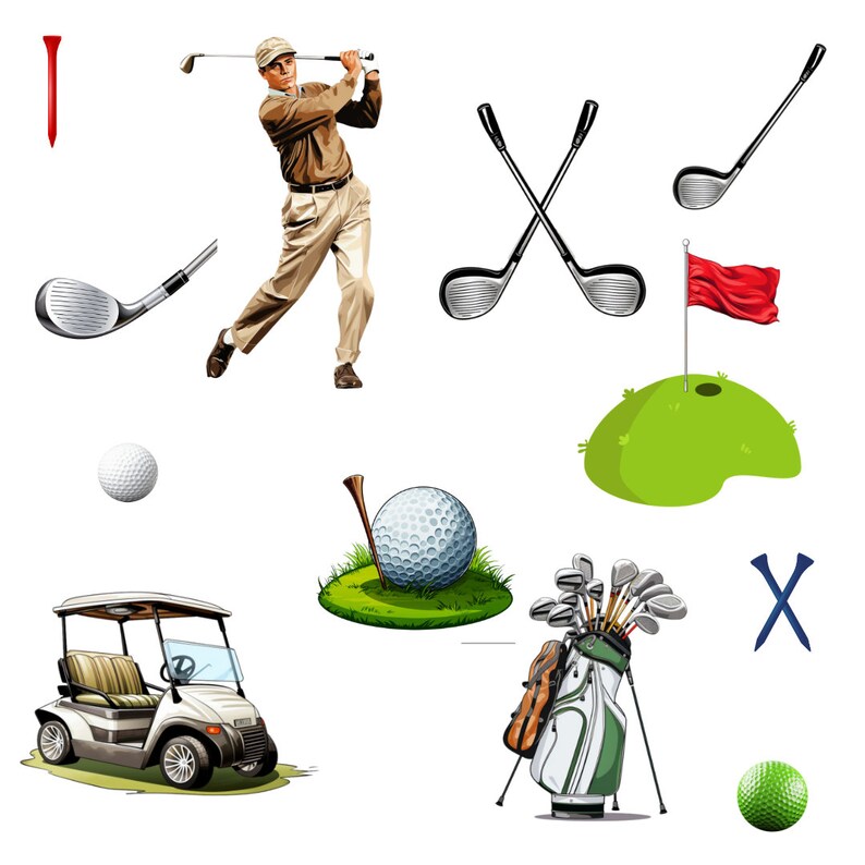 Puede incluir: Un golfista balancea un palo, un carrito de golf, una bolsa de golf con palos, una pelota de golf verde, una pelota de golf blanca en un tee, un campo de golf verde, una bandera roja y dos palos de golf cruzados.