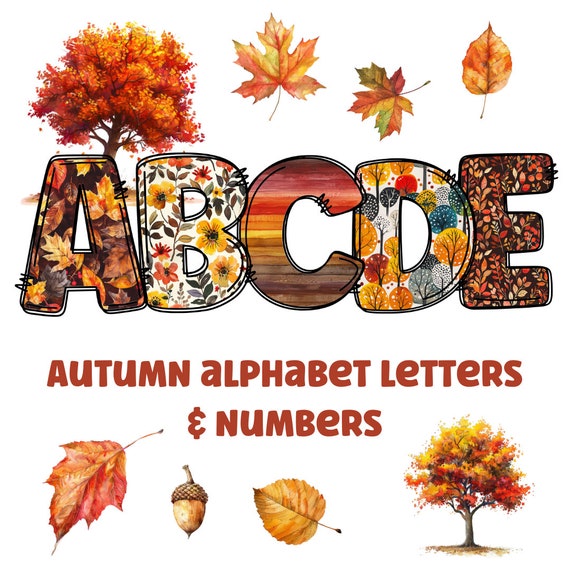 Fall Alphabet PNG Clipart: Autumn Letters, Numbers (Digital Download)
