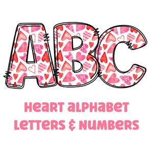 May include: ABC in black outlined letters with a pink and white heart pattern. The text below reads "heart alphabet letters & numbers".