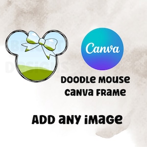 May include: A black and white doodle of a mouse head with a bow, with a green and blue background inside the ears. The text "Doodle Mouse Canva Frame" and "Add Any Image" is below the image. The Canva logo is in a blue circle to the right of the image.