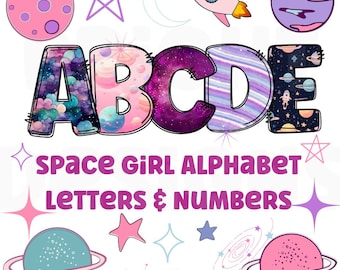 Space girl clipart letters 300dpi transparent png. 5 styles of alphabet letters A-Z. Uppercase letters