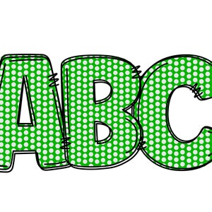 Puede incluir: ABC en verde con lunares blancos. Las letras est&aacute;n delineadas en negro y tienen un aspecto cosido.