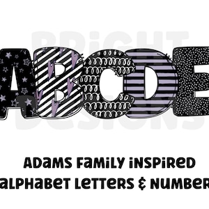 Letras prediseñadas del día inspiradas en la familia Adams 300 ppp png transparente. 5 estilos de letras del alfabeto A-Z. Letras mayúsculas. fuente princesa