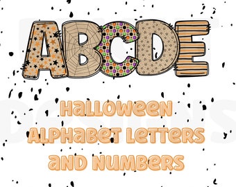 ハロウィーンのアルファベット png クリップアート文字 300dpi 透明 png。ボーナスのハロウィーン クリップアート画像付きの 5 つのスタイル。ハロウィーンのアルファベット文字。