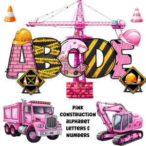 Roze constructie clipart letters 300dpi transparante png. 5 stijlen van alfabetletters A-Z. Hoofdletters en cijfers