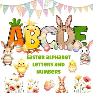 Könnte beinhalten: Eine farbenfrohe Oster-Grafik mit den Buchstaben A, B, C, D und E, die jeweils mit einzigartigen Mustern und Texturen gestaltet sind. Das Bild enthält Ostereier, Hasen, Küken und florale Elemente. Der Text lautet "Easter Alphabet Letters and Numbers."