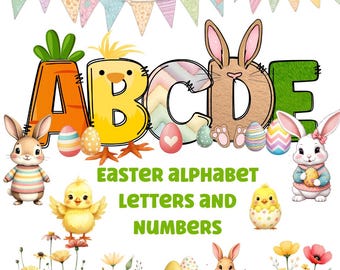 Pasen-clipartletters 300 dpi transparante png. 5 stijlen alfabetletters van A-Z. Hoofdletters. Bunny clipart paasletters alfabet