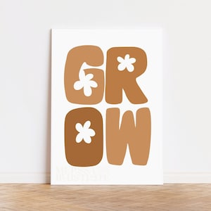 Kids Neutral Wall Art, Retro Floral Poster, "Grow" Nursery Decor, Digital Download, Print at Home, Kids Room, Playroom