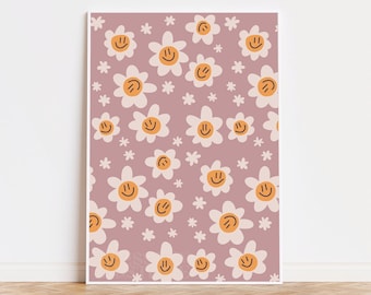 Retro Wall Art, 70's Decor, Floral, Vintage Smiley Face Flower Poster, 70's Groovy Art, Gift for Her, Nursery Decor