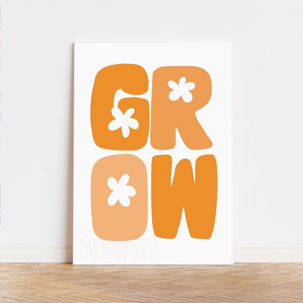 Kids Wall Art, Retro Floral Poster, "Grow" Nursery Decor, Digital Download, Print at Home, Kids Room, Playroom