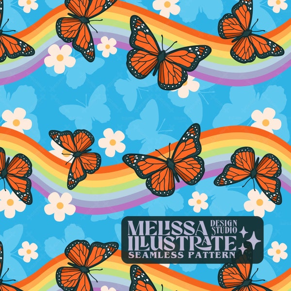 Rainbow Butterfly Pattern, Colorful Summer Pattern, Cute Seamless Repeat Pattern for Fabric Sublimation, Tumbler Wrap, Kidcore