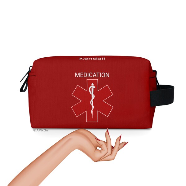 Medical Toiletry Bag, Medication Pouch, Size 7.5"x4", Red Color Travel Case Personalized Gift