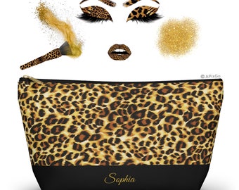 Leopard Animal Print T-Bottom Cosmetic Pouch, Large 12.60"L x 3.15"W x 7.28"H, Travel Makeup Bag Personalized Gift