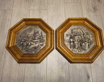 Vintage Paintings Tin Mill Fireplace Oak Frame 1970-1980s Germany Betzner Relief Wall