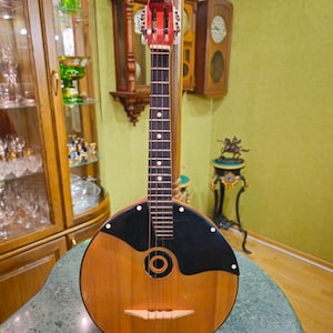 Può includere: Uno strumento a corde vintage, dal corpo rotondo, con corpo in legno e sezione superiore nera. Lo strumento ha una paletta rossa e una tastiera con intarsi a punti bianchi. Poggia su una superficie verde marmorizzata.