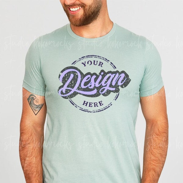 Heather Dusty Blue Bella Canvas 3001 Mockup | Men's T-shirt Mockup | Male Model Tee Mockup | Kokomocks