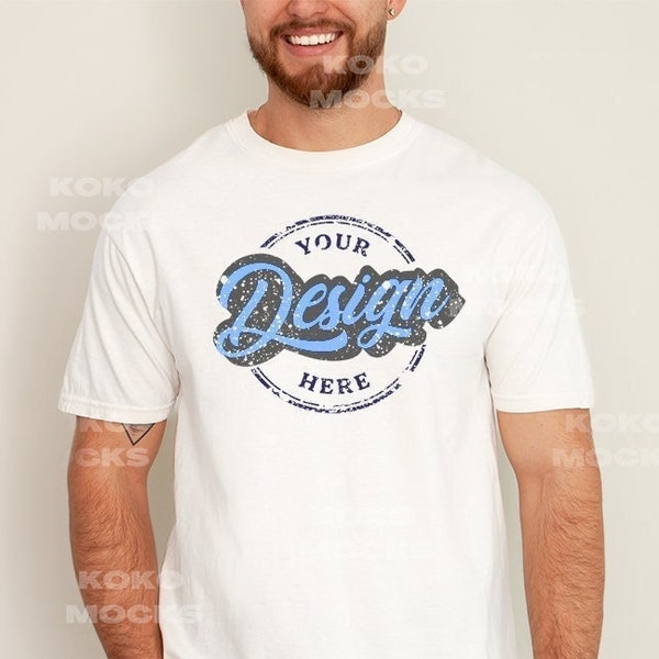 White Comfort Colors 1717 Mockup | Men's T-shirt Mockup | Male Model CC Mockup | White Shirt Mockup | Kokomocks