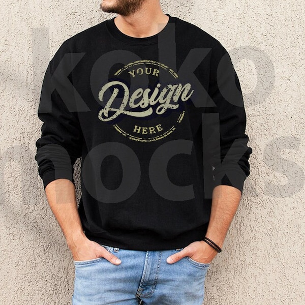 Black Gildan 18000 Mockup | Men's Sweatshirt Mockup | Male Model Mockup | Kokomocks