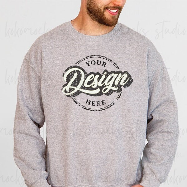 Sport Grey Gildan 18000 Mockup | Men's Sweatshirt Mockup | Male Model Mockup | Kokomocks