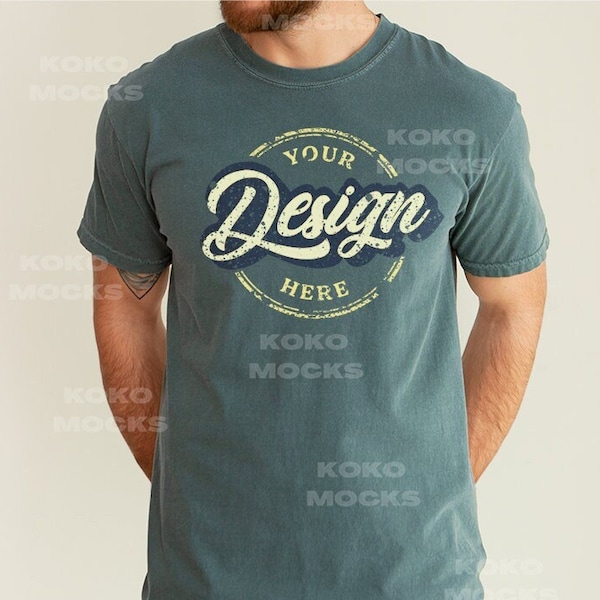 Blue Spruce Comfort Colors 1717 Mockup | Men's T-shirt Mockup | Male Model CC Mockup | Kokomocks