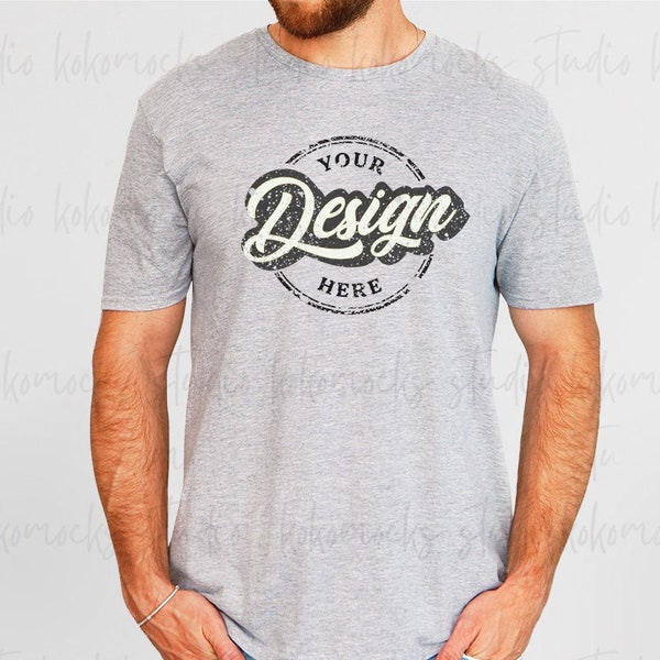 Sport Grey GILDAN 64000 Mockup | T-Shirt Mockup | Male Model Tee Mockup | Sport Grey Men's Shirt Mockup | Kokomocks