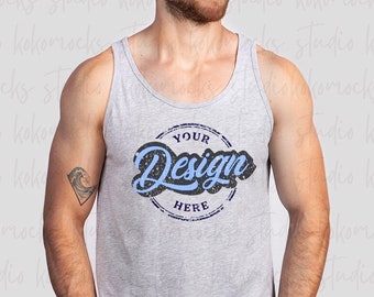 Athletic Heather 3480 Mockup | Bella Canvas Men's Tank Top Mockup | Male Model Mockup | Kokomocks