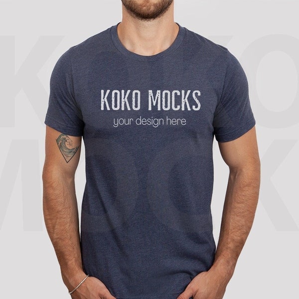 Heather Navy 3001 Mockup | Bella Canvas T-shirt Mockup | Male Model Mockup | Blue Shirt Mock | Kokomocks