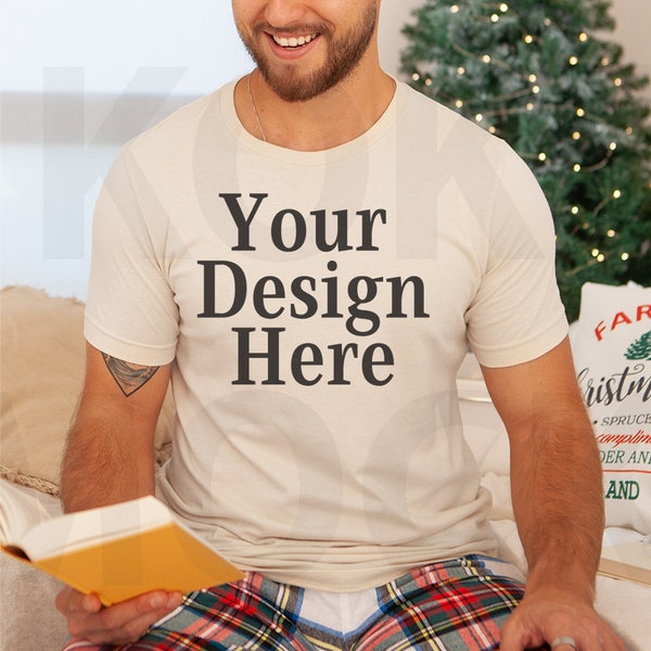 Natural 3001 Mockup | Bella Canvas Christmas Mockup | Male Model T-Shirt Mockup | Model Reading Holiday Mockup