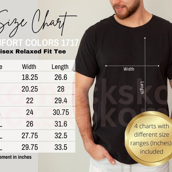 Comfort Colors 1717 Size Chart | Male Model Sizing Chart Mockup | Unisex Tee Size guide | Men 1717 Mockup | Kokomocks