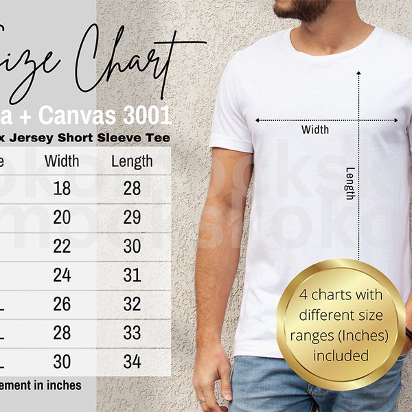 Bella Canvas 3001 Size Chart | Male Model Sizing Chart Mockup | Unisex Tshirt Size guide | Men 3001 Mockup | Kokomocks