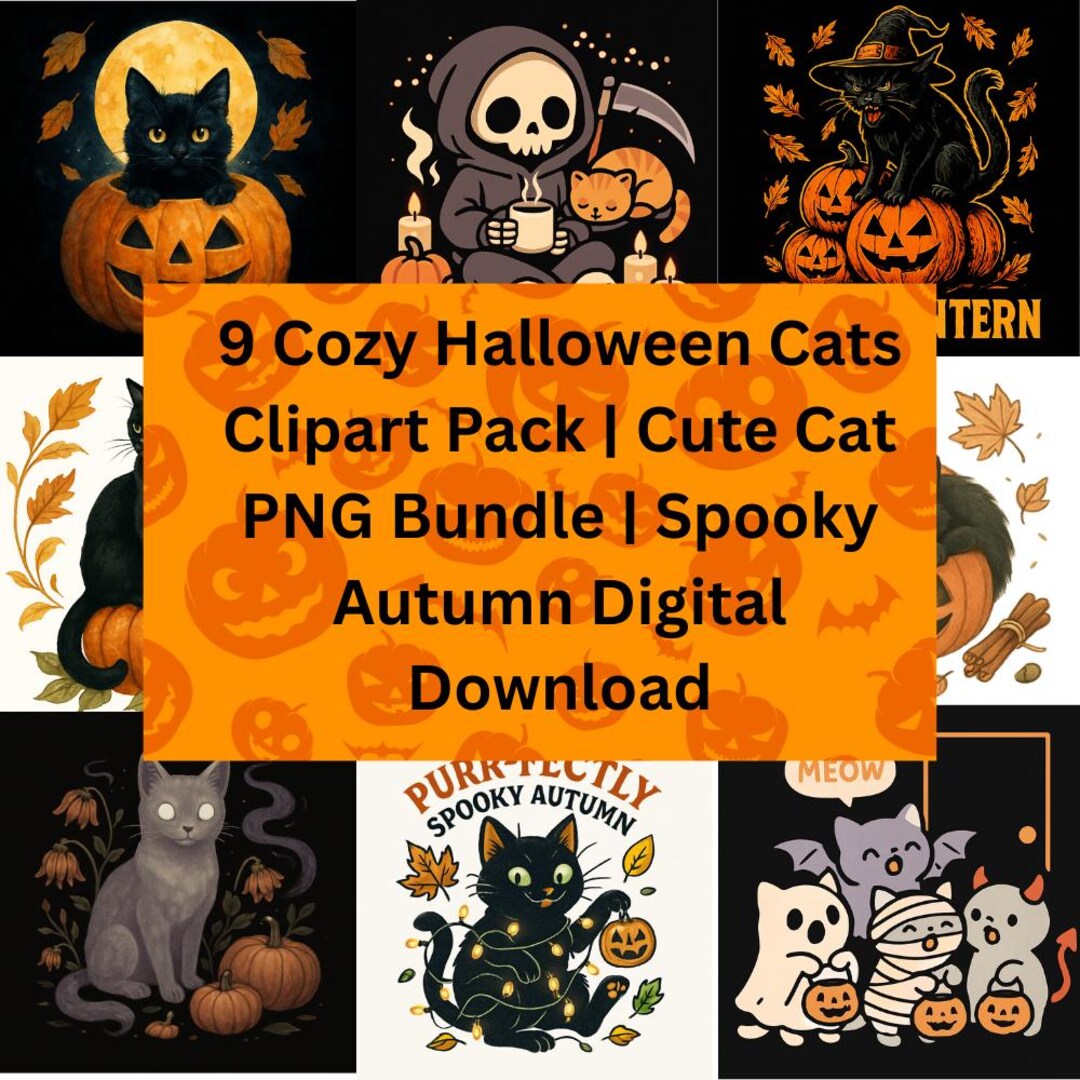 9 Cozy Halloween Cats Clipart Pack | Cute Cat PNG Bundle | Spooky ...