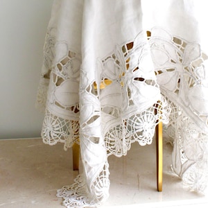 Antique French Tablecloth Embroidered in Pure Linen with Richelieu Cutwork and Puy Bobbin Lace Border Farmhouse Linen