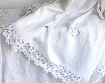 Sublime French Antique Fil De Lin trousseau Sheet pure floppy Linen with Richelieu Embroidery & Monogram