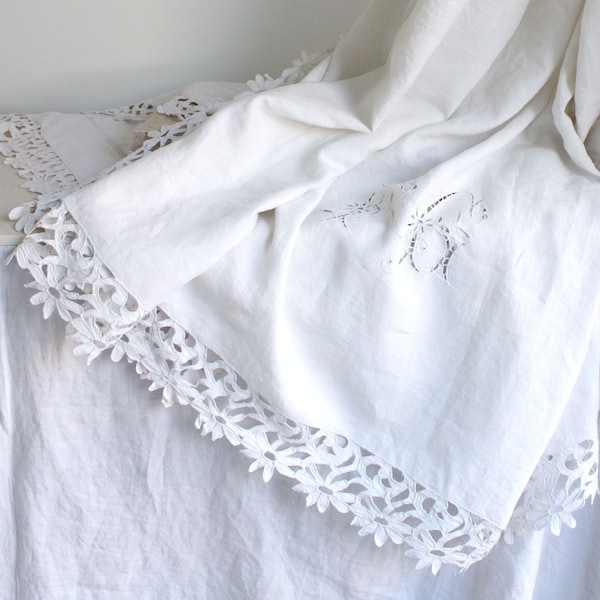 Sublime French Antique Fil De Lin trousseau Sheet pure floppy Linen with Richelieu Embroidery & Monogram