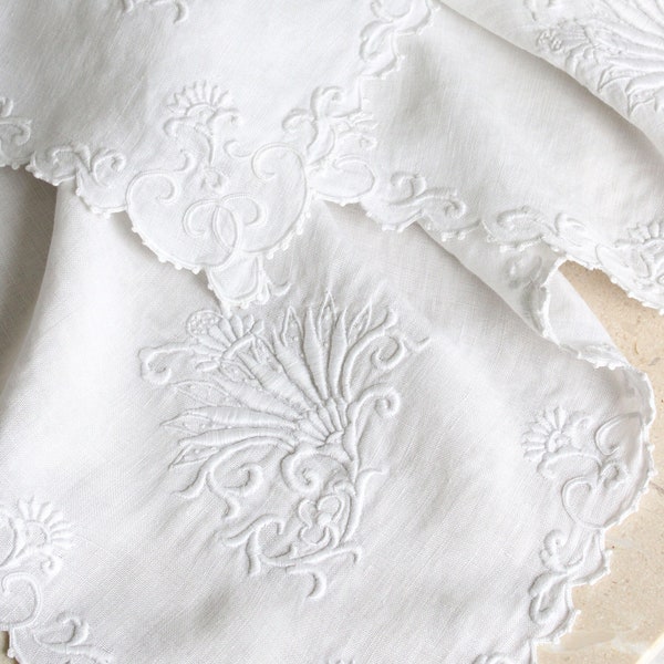 Antique French Tea Tablecloth Heavily Embroidered in Pure fine Linen with a scalloped border and chrysthanthemums Japonisant