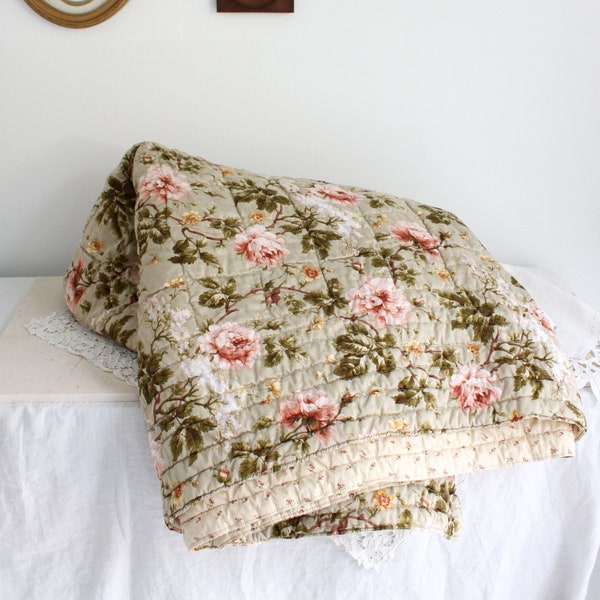 Handmade Boutis Quilt Queen Bed Vintage Floral sheets Wool Batting Fairy Tale Cottage